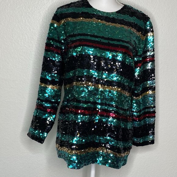 BLACK TIE HE-RO Industries Top Multicolored Sz L 100% Silk Sequins Holiday VTG - Picture 1 of 8